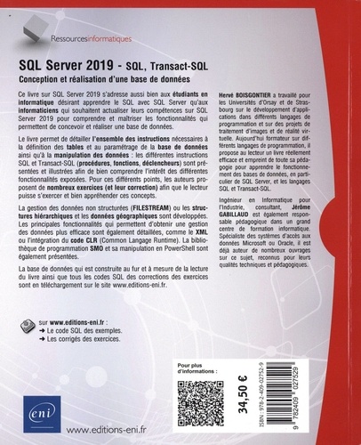 SQL Server 2019 : SQL, Transact-SQL. Conception et réalisation d'une base de données (avec exercices pratiques et corrigés)