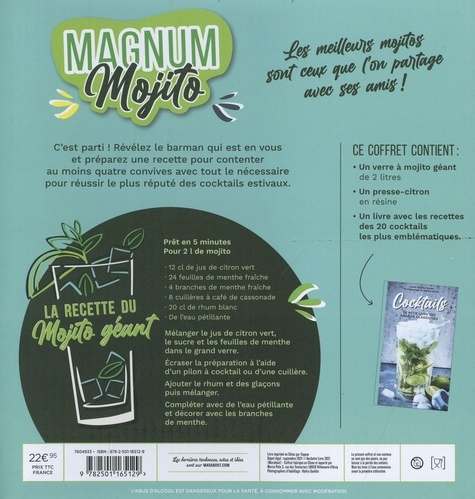 Coffret Magnum Mojito. Avec 1 verre à mojito géant de 2 litres, 1 presse-citrons en résine
