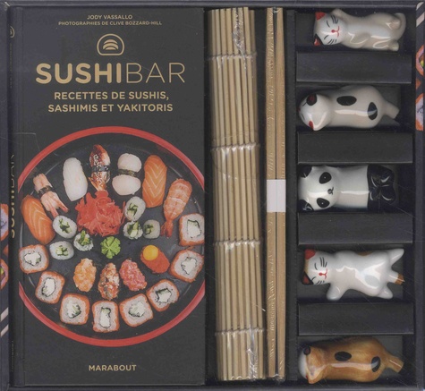 La box kawaï Sushis bar. Avec des baguettes japonaises, des porte-baguette kawaï, une natte en bambou pour makis
