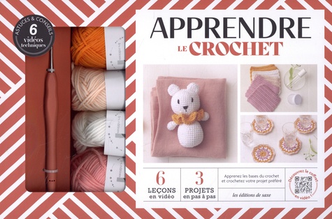 Apprendre le crochet. Coffret  avec 1 livret, 1 crochet, 4 pelotes et 12 anneaux marqueurs