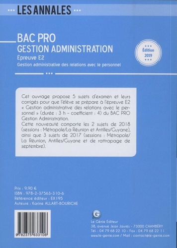 Gestion administrative des relations avec le personnel épreuve E2 Bac pro Gestion Administration. 5 sujets officiels et leurs corrigés  Edition 2019