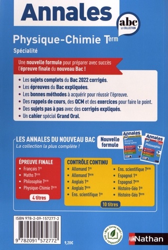 Physique-Chimie Tle Spécialité. Annales Sujets & corrigés  Edition 2023