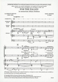 Karl Jenkins - For the Fallen - (In memoriam Alfryn Jenkins). mixed choir (SAATTBB), narrator and organ, trumpet ad libitum. Réduction pour orgue..