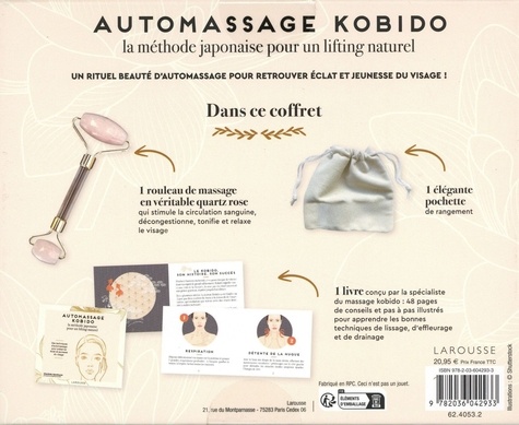 Automassage kobido. La méthode japonaise pour un lifting naturel. Coffret avec 1 rouleau de massage en véritable quartz rose, 1 élégante pochette et 1 livre