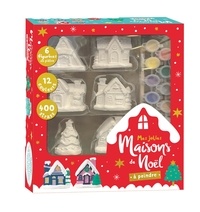 Mes jolies maisons de Noël à peindre - Coffret avec 6 figurines en plâtre, 10 cartes de Noël à colorier, 400 strass autocollants, 12 pots de peinture et 2 pinceaux