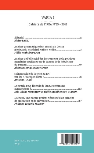 Cahiers de l'IREA N° 35/2019 Varia I
