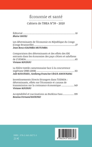 Cahiers de l'IREA N° 39/2020 Economie et santé. 39