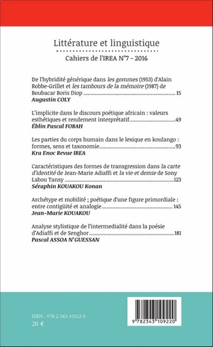 Cahiers de l'IREA N° 7/2016 Littérature et linguistique