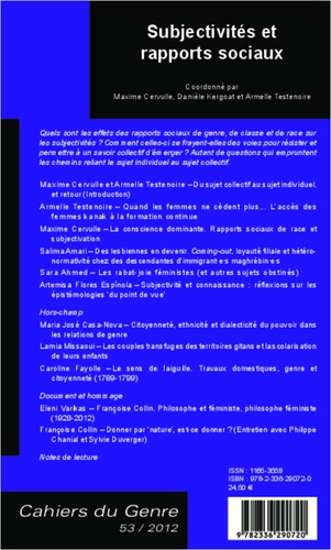 Cahiers du genre N° 53, 2012 Subjectivités et rapports sociaux
