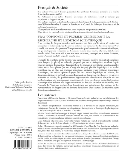 Français & Société N° 24 L'implication des langues dans l'élaboration et la publication des recherches scientifiques. L'exemple du français parmi d'autres langues