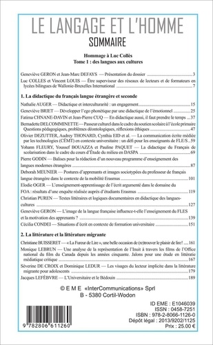 Le Langage et l'Homme Volume 49 N° 1, Juin 2014 Hommage à Luc Collès. Tome 1, Des langues aux cultures