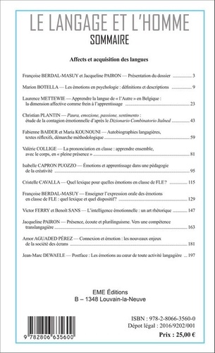 Le Langage et l'Homme Volume 50 N° 2, 2015 Affects et acquisition des langues