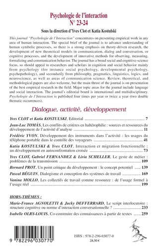 Psychologie de l'interaction N° 23-24 Dialogue, activité, développement