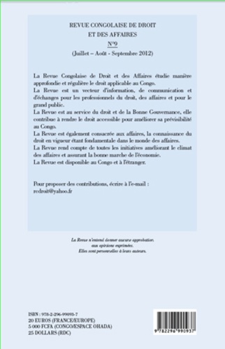 Revue congolaise de droit et des affaires N° 9 Juillet-Août-Septembre 2012