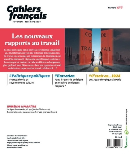 Cahiers français N° 418, novembre-décembre 2020 Les nouveaux rapports au travail