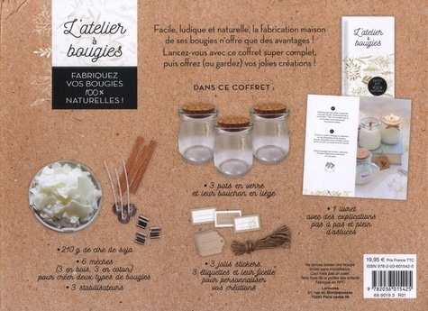 Coffret L'atelier à bougies. Avec 210g de cire de soja, 3 pots en verre et leur bouchons en liège, 6 mèches, 3 stabilisateurs et des étiquettes