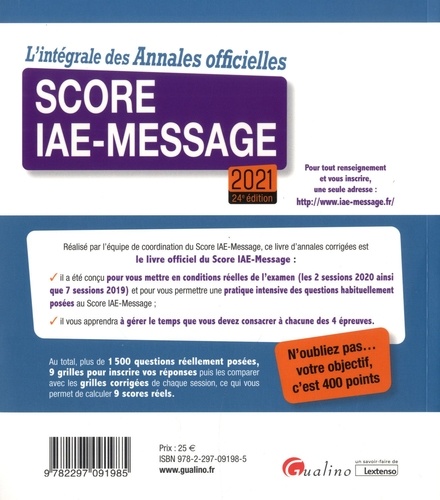 L'intégrale des Annales officielles Score IAE-Message  Edition 2021