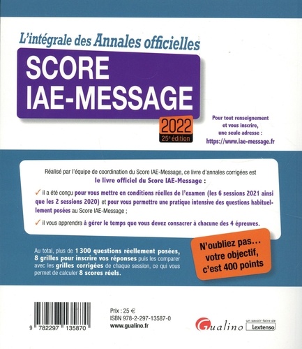L'intégrale des annales officielles score IAE-Message  Edition 2022