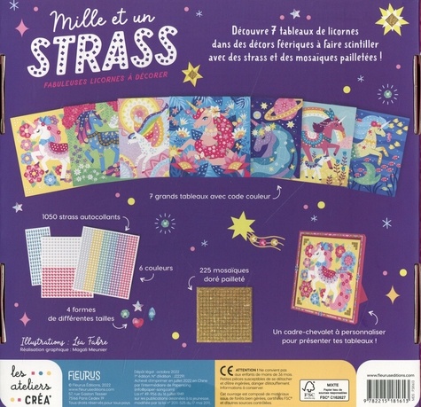 Mille et un strass. Fabuleuses licornes à décorer. Inclus 6 planches prédécoupées, 5 tubes de paillettes, 1 stylet multifonction et le mode d'emploi