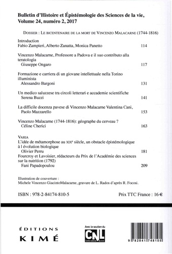 Bulletin d'histoire et d'épistémologie des sciences de la vie Volume 24 N° 2/2017 Le bicentenaire de la mort de Vincenzo Malacarne (1744-1816)