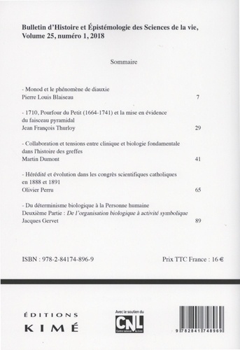Bulletin d'histoire et d'épistémologie des sciences de la vie Volume 25 N° 1/2018
