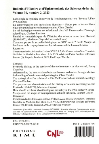 Bulletin d'histoire et d'épistémologie des sciences de la vie Volume 30 N° 2/2023