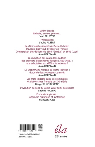 Etudes de Linguistique Appliquée N° 212, octobre-décembre 2023 Aux origines de la lexicographie. Pierre Richelet