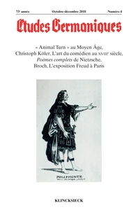 "Animal Turn" au Moyen Age, Christoph Köler, L’art du comédien au XVIIIe siècle, Poèmes complets de Nietzsche, Broch, L’exposition Freud à Paris