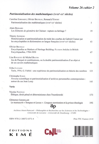 Philosophia Scientiae Volume 26 N° 2/2022 Patrimolialisation des mathématiques (XVIIIe-XXe siècles)