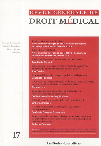 Jean-Marie Clément et Antoine Leca - Revue Générale de Droit Médical N° 17/2005 : .