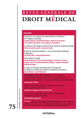 Bérengère Legros - Revue Générale de Droit Médical N° 75, juin 2020 : .