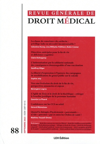 Bérengère Legros - Revue Générale de Droit Médical N° 88, septembre 2023 : .