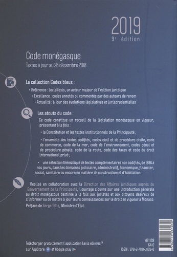 Code monégasque. Codes et lois de la Principauté de Monaco  Edition 2019