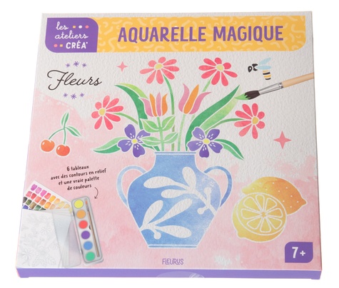 Aquarelle magique fleurs. 6 tableaux avec des contours en relief et une vraie palette de couleurs