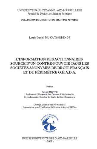 L'information des actionnaires, source d'un contre-pouvoir dans les sociétés anonymes de droit français et du périmètre OHADA