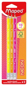 3 crayons graphite neon hb embout gomme bois certifié fsc