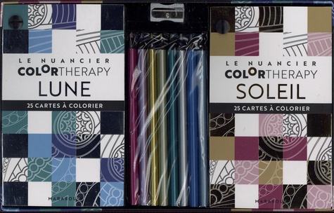  Marabout - Colortherapy, le coffret Lune & Soleil - Avec 8 crayons de couleur métallisés, 50 cartes à colorier, 1 taille-crayon.