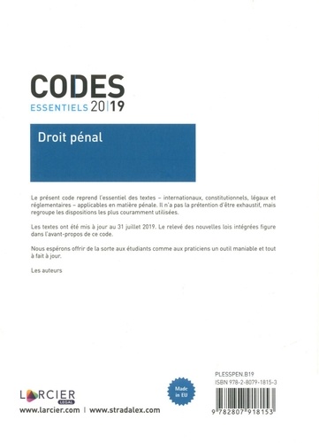Code essentiel - Droit pénal 2019 21e édition