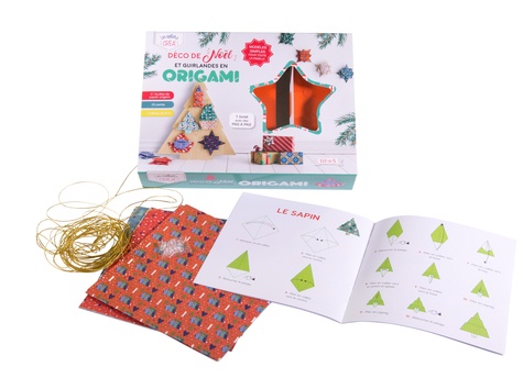 Déco de Noël et guirlandes en origami. Avec 41 feuilles de papier origami, 20 perles, 7 mètres de fil or
