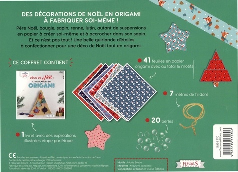 Déco de Noël et guirlandes en origami. Avec 41 feuilles de papier origami, 20 perles, 7 mètres de fil or