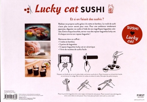 Coffret Lucky cat sushis. Avec 1 natte en bambou, 5 paires de baguettes, 5 repose-baguettes lucky cat en céramique et 1 livre de recettes de sushis facile