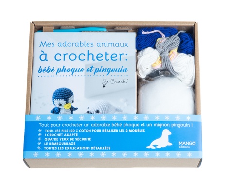 Coffret Mes adorables animaux à crocheter : bébé phoque et pingouin. Avec tous les fils 100% coton pour réaliser les 2 modèles, 1 crochet adapté, 4 yeux de sécurité, le rembourrage et toutes les explications détaillées