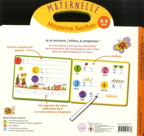 Livre ardoise Lettres majuscules et chiffres Maternelle moyenne section. Avec un feutre