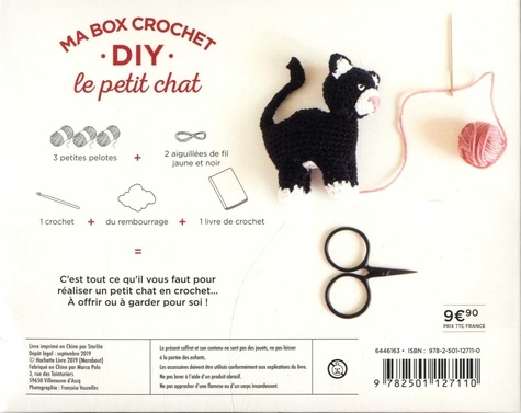 Ma box crochet DIY le petit chat. Avec 3 petites pelotes, 2 aiguillées de fil jaune et noir, 1 crochet, du rembourrage, et 1 livre de crochet