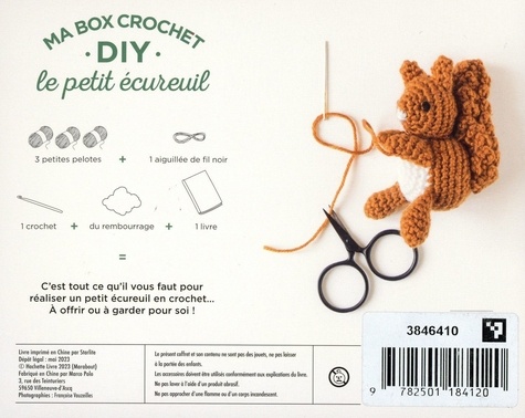 Ma box crochet DIY le petit écureuil. Avec 3 petites pelotes, 1 aiguillée de fil noir, 1 crochet, du rembourrage et 1 livre