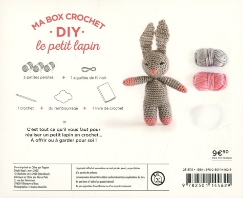 Ma box crochet DIY le petit lapin. Avec 3 petites pelotes, 1 aiguillée de fil noir, 1 crochet, du rembourrage, et 1 livre de crochet