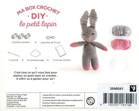 Ma box crochet DIY le petit lapin. Avec 3 petites pelotes, 1 aiguillée de fil noir, 1 crochet, du rembourrage et 1 livre de crochet