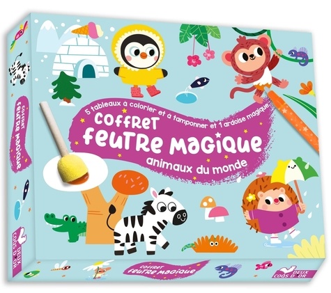 Coffret feutre magique animaux du monde. 5 tableaux à colorier et tamponner, coffret avec accessoires