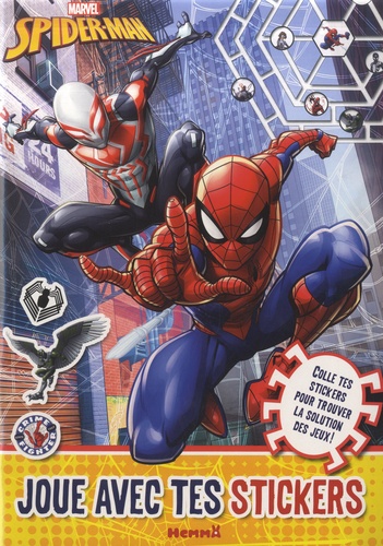 Joue avec tes stickers Spider-Man. Colle tes stickers pour trouver la solution des jeux !