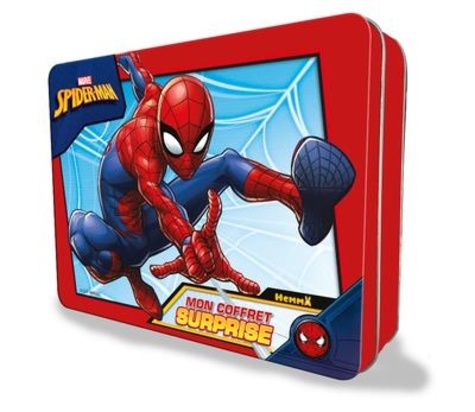 Marvel Spider-Man. Mon coffret surprise. Avec 1 feuille de tatouages, 5 pages d'autocollants, 1 masque, 6 crayons, 3 figurines en carton, 1 poster et 1 feuille de pochoirs